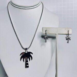 Best Silver Tone Snake Chain Necklace With Palm Tree Pendant & Earrings (5818)